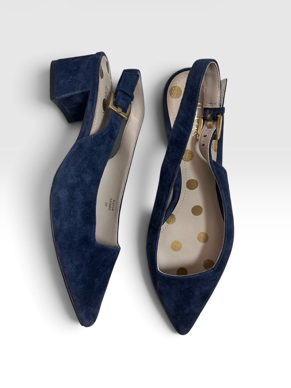 Boden Navy Blue Suede Pointed Toe Slingback Pumps Low Block Heel Size 39 / 8